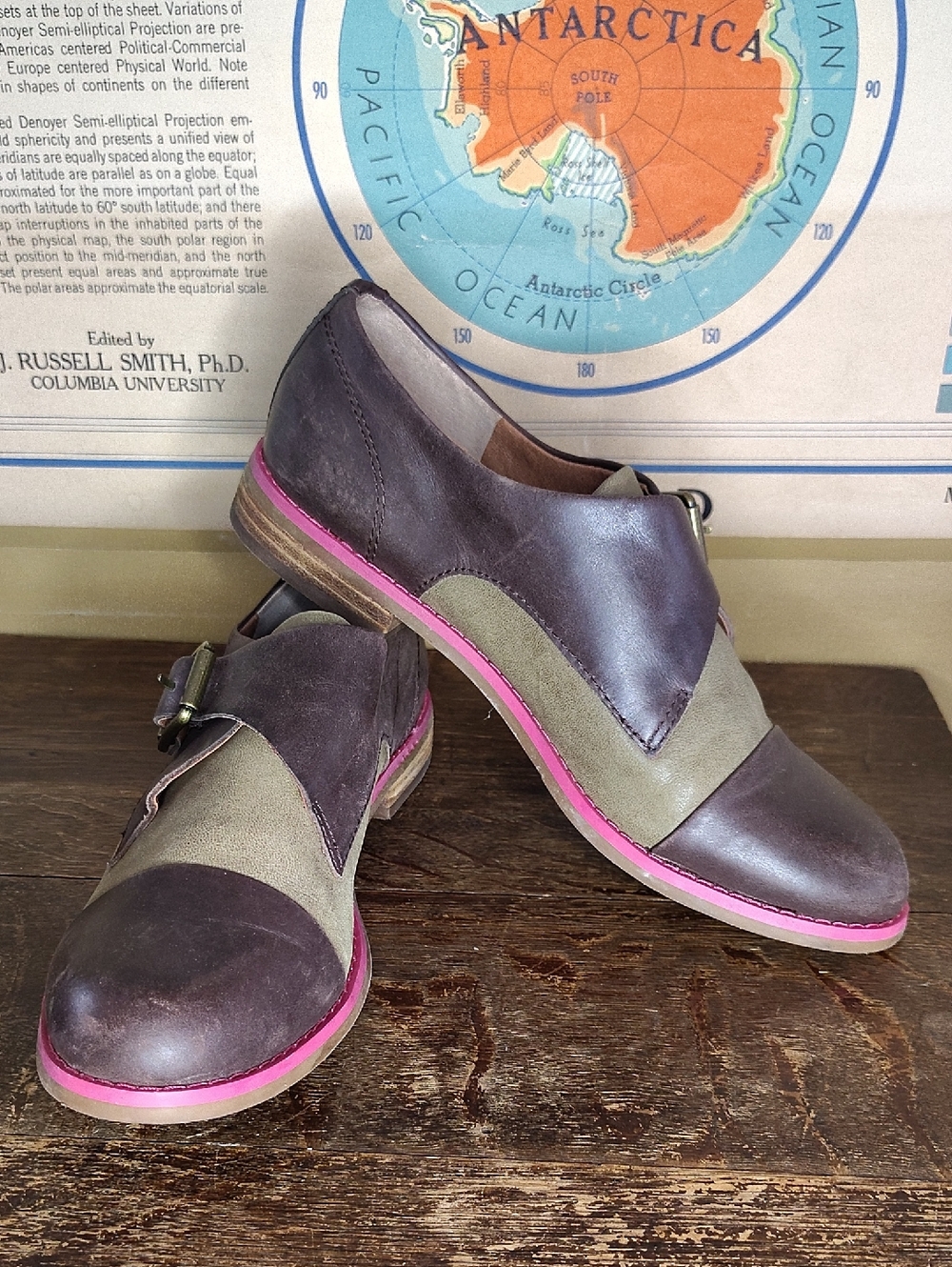 Lucky Brand Two-Tone Monk Strap Oxfords in Brown, Olive & Pink Trim